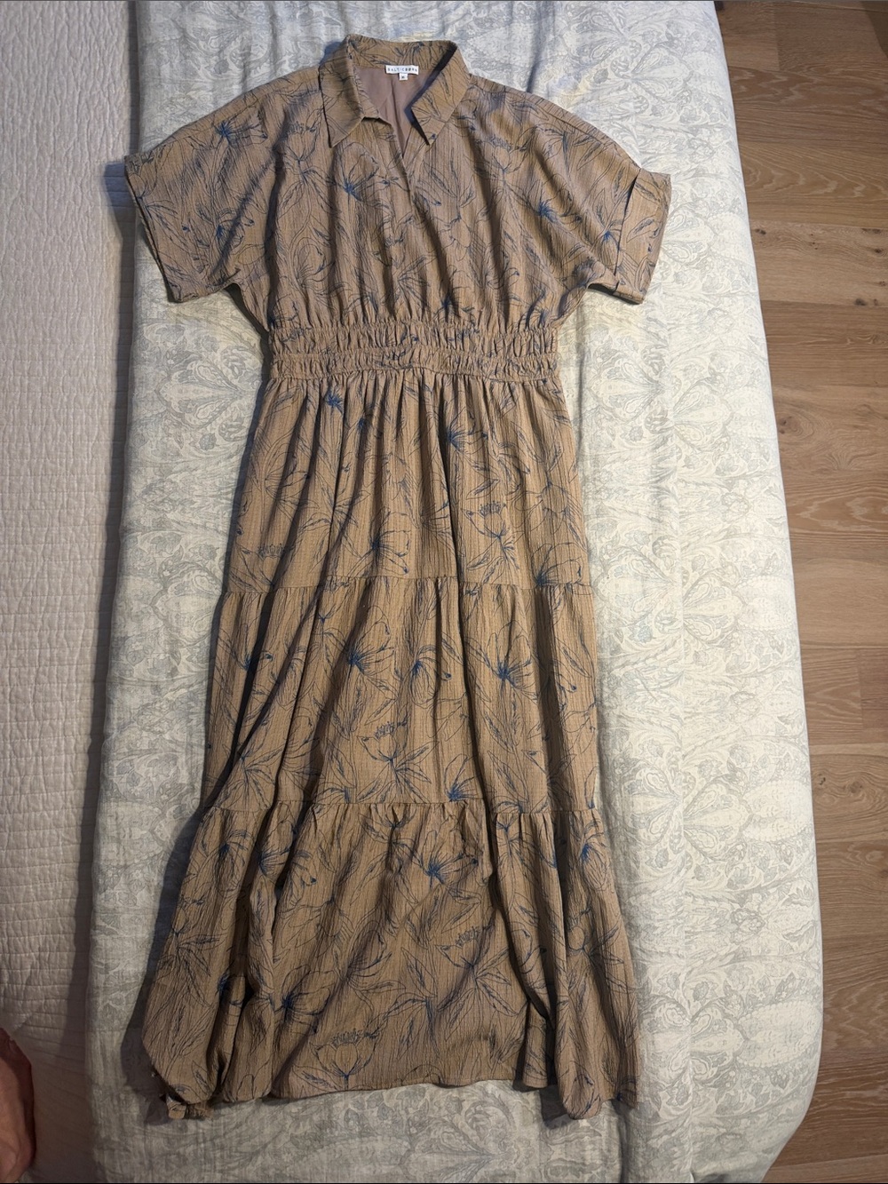 Baltic Born Hedda Tiered Tan Maxi Dress with Navy Floral Print